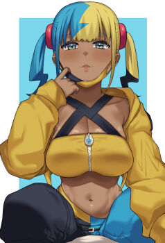 1girl aqua_hair bandeau black_mask blonde_hair blue_eyes blush breasts canari_(pokemon) cleavage collarbone commentary_request criss-cross_straps dark-skinned_female dark_skin hai_ookami highres jacket large_breasts long_sleeves looking_at_viewer mask mask_pull mega_stone mouth_mask multicolored_hair navel nintendo pants pokemon pokemon_legends:_z-a short_twintails solo split-color_clothes split-color_hair sports_bra stomach twintails two-tone_hair two-tone_mask two-tone_pants yellow_bandeau yellow_jacket yellow_mask yellow_sports_bra