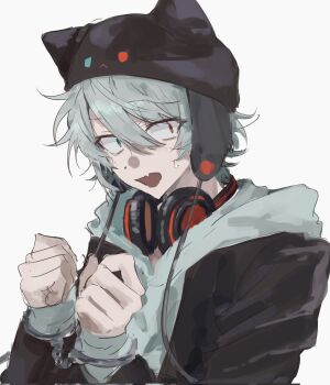 Rule 34 | 1boy, animal hat, beanie, black hat, black jacket, blue eyes, cat hat, commentary request, cuffs, fang, grey hair, hair between eyes, handcuffs, hands up, hat, headphones, headphones around neck, heterochromia, highres, hood, hood down, hooded jacket, jacket, long bangs, long sleeves, looking at viewer, male focus, open mouth, original, red eyes, short hair, simple background, sini user, skin fang, solo, surprised, sweat, upper body, white background, wide-eyed