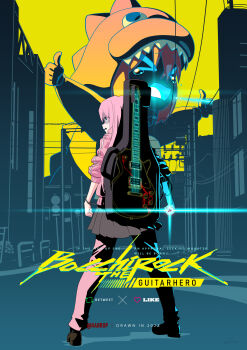 >_< 1girl absurdres animal_costume beam black_socks blue_eyes bocchi_the_rock! brown_shoes cube_hair_ornament cyberpunk:_edgerunners cyberpunk_(series) double_thumbs_up electric_guitar english_text full_body giant giantess gibson_les_paul gotoh_hitori grey_skirt guitar hair_between_eyes hair_ornament highres ingco instrument instrument_case jacket like_and_retweet loafers long_hair nervous one_side_up outdoors pants parody pink_hair pink_jacket pink_pants pleated_skirt poster_(medium) shaded_face shoes skirt socks solo standing thumbs_up title_parody track_jacket track_pants