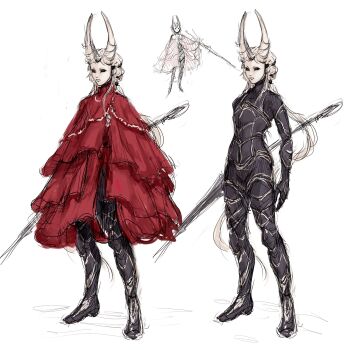 1girl all_lee24 alternate_design armor black_bodysuit black_sclera bodysuit cloak colored_sclera commentary english_commentary full_body highres holding holding_weapon hollow_knight hollow_knight:_silksong hornet_(hollow_knight) horns long_hair looking_at_viewer multiple_views polearm red_cloak sketch standing very_long_hair weapon white_background white_hair