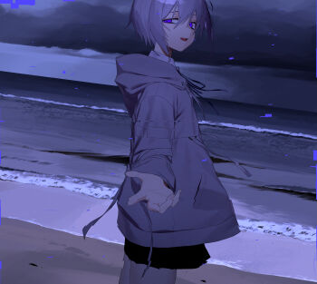 Rule 34 | 1girl, absurdres, beach, commentary, commission, english commentary, hair between eyes, highres, hood, hood down, ocean, open mouth, original, short hair, signal 1120, skeb commission, skirt, solo, water