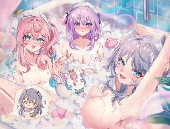 4girls animal_ears aqua_eyes aqua_hair bathtub blue_eyes breasts bubble castorice_(honkai:_star_rail) cat_ears cat_girl cipher_(honkai:_star_rail) commentary_request completely_nude grey_hair highres honkai:_star_rail honkai_(series) hyacine_(honkai:_star_rail) indoors large_breasts little_ica_(honkai:_star_rail) long_hair looking_at_viewer medium_breasts multicolored_hair multiple_girls nude pe_eee00 pink_hair purple_eyes purple_hair short_hair small_breasts soap_bubbles stelle_(honkai:_star_rail) trailblazer_(honkai:_star_rail) two-tone_hair yellow_eyes