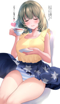 1girl blue_skirt blush breasts closed_eyes collarbone cup dress floral_print floral_print_skirt green_hair highres holding holding_cup holding_saucer idolmaster idolmaster_cinderella_girls idolmaster_cinderella_girls_starlight_stage medium_breasts mole mole_under_eye open_mouth panties pantyshot ponytail_korosuke print_skirt saucer short_hair simple_background sitting skirt smile solo striped_clothes striped_panties takagaki_kaede teacup thighs underwear white_background yellow_dress
