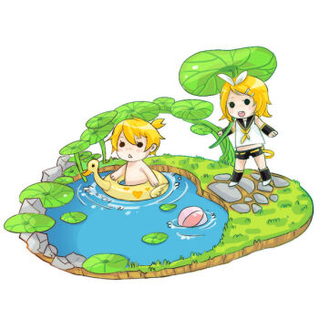 1boy 1girl 8rats ball beachball black_leg_warmers blonde_hair blush bow chibi detached_sleeves grass hair_bow hair_ornament inflatable_duck innertube kagamine_len kagamine_rin leg_warmers neckerchief necktie open_mouth outdoors plant pond pool pool_float ribbon rock sailor_collar shirt short_hair shorts standing stone_walkway swim_ring topless_male vocaloid wading water white_background yellow_neckerchief yellow_necktie