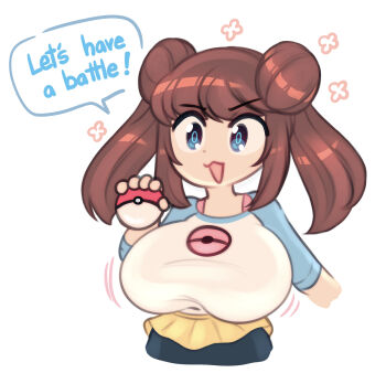 1girl blue_eyes breasts brown_hair comic eiyuumuru english_text jiggle large_breasts nintendo poke_ball pokemon pokemon_bw2 rosa_(pokemon) series simple_background speech_bubble white_background