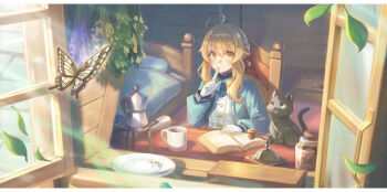 1girl 1other ahoge aqua_jacket bed black_cat book breasts brown_hair bug butterfly cat chair closed_mouth coffee_mug coffee_pot cup eyebrows_hidden_by_hair falling_leaves finger_to_mouth gloves hair_between_eyes herb_bundle highres insect jacket kuune_(muttey-myg) leaf looking_at_viewer medium_hair monica_everett mug nero_(silent_witch) open_book plate school_uniform shushing silent_witch sitting small_breasts smile vest white_gloves white_vest