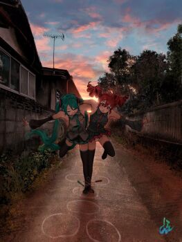 2girls ahoge aqua_hair aqua_necktie aqua_trim arm_around_shoulder bare_shoulders black_boots black_shirt black_skirt black_sleeves blush boots breast_pocket chalk_drawing closed_eyes cloud cloudy_sky collared_shirt commentary_request dawn detached_sleeves dot_nose drill_hair facing_viewer frilled_shirt frills hair_between_eyes hair_ornament hatsune_miku highres hopscotch house hylran0427 kasane_teto kasane_teto_(utau) long_hair long_sleeves looking_down miniskirt multiple_girls necktie open_mouth outdoors outstretched_arm panties pantyshot pleated_skirt pocket red_eyes red_hair red_trim scenery shirt sidelocks signature skirt sky sleeveless sleeveless_shirt solo standing standing_on_one_leg sunrise thigh_boots thighhighs tree twin_drills twintails underwear untucked_shirt urban utau utility_pole very_long_hair vocaloid white_panties wide_sleeves window zettai_ryouiki