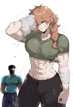 1boy 1girl abs absurdres alex_(minecraft) bandages bandaid braid breasts commentary dripping english_commentary green_eyes highres holding holding_pickaxe large_breasts masoq midriff minecraft muscular muscular_female muscular_male navel orange_hair pants pickaxe scar shaded_face shirt short_sleeves simple_background steve_(minecraft) sweat t-shirt tied_shirt towel white_background