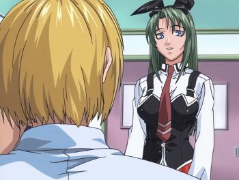 00s 1girl 2001 2girls age_difference animal_ears animated animated_gif bible_black bible_black_night_of_the_walpulgiss blonde_hair blue_eyes breasts green_hair ito_mika kitami_reika lab_coat long_hair multiple_girls necktie nurse older_female_and_younger_female rabbit_ears red_skirt school_nurse_and_student school_uniform shoes short_hair skirt tagme teacher_and_student