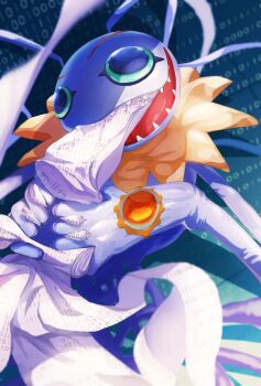 Rule 34 | blurry, blurry background, digimon, digimon (creature), digimon adventure, digimon adventure: bokura no war game, green eyes, highres, keramon, looking at viewer, open mouth, receipt, sharp teeth, solo, teeth, tsukkon, twitter username