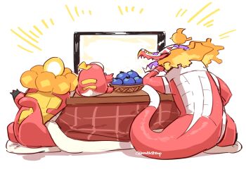 basket berry_(pokemon) closed_eyes commentary_request crocalor evolutionary_line fire_bird_(skeledirge) fuecoco highres kotatsu nintendo no_humans open_mouth oran_berry pokemon pokemon_(creature) pon_(ponymmtknsk) simple_background skeledirge table tail television twitter_username watching_television white_background