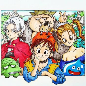 1girl 4boys bandana bare_shoulders blue_shirt border breasts brown_hair cleavage cloak cross_scar dragon_quest dragon_quest_viii facial_hair facial_scar green_skirt hamster_on_head head_on_hand hero_(dq8) jessica_albert kukuru_(dq8) low_ponytail medium_breasts multiple_boys munchie_(dq8) off-shoulder_shirt off_shoulder parted_bangs ponytail red_bandana red_cloak scar scar_on_cheek scar_on_face shirt skirt slime_(dragon_quest) stubble tcgf_04 toriyama_akira_(style) traditional_media twintails upper_body v vest white_border white_hair yangus yellow_vest