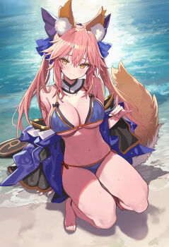 1girl animal_ear_fluff animal_ears bare_shoulders barefoot bikini blue_bikini blue_bow blue_kimono blue_thighhighs blush bow breasts cleavage commentary_request detached_collar detached_sleeves fate/grand_order fate_(series) fox_ears fox_girl fox_tail gold_trim hair_between_eyes hair_bow highres japanese_clothes kimono large_breasts long_hair looking_at_viewer navel off_shoulder pink_hair shino_(eefy) shore sidelocks smile solo squatting swimsuit tail tamamo_no_mae_(fate) thighhighs thighs twintails wide_sleeves yellow_eyes