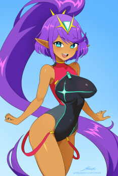 1girl artist_name bare_shoulders blue_eyes breasts commentary cosplay covered_navel dark_skin fingernails gradient_background highres jewelry long_hair looking_at_viewer medium_breasts neon_trim one-piece_swimsuit open_mouth pointy_ears ponytail purple_hair pyra_(pro_swimmer)_(xenoblade) pyra_(xenoblade) pyra_(xenoblade)_(cosplay) revenantart shantae shantae_(series) shiny_skin signature simple_background smile swimsuit thighs tiara xenoblade_chronicles_(series) xenoblade_chronicles_2