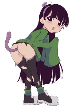 1girl :o anal anal_beads anal_object_insertion anal_tail ass bad_id bent_over black_eyes black_hair blush butt_plug cleft_of_venus codename:_kids_next_door fake_tail female_focus full_body green_shirt highres loli long_hair long_sleeves looking_at_viewer looking_back numbuh_3 object_insertion pants pussy sex_toy shirt shoes simple_background sleeves_past_wrists solo superfex tail torn_clothes torn_pants uncensored white_background yoga_pants