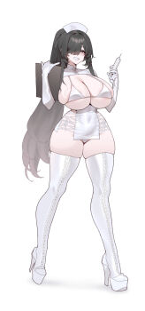 1girl absurdres bikini black_hair blush boots breasts cleavage clipboard commentary_request covered_navel cross-laced_clothes dress elbow_gloves gloves grey_eyes grin hair_over_one_eye hat high_heel_boots high_heels highres large_breasts long_hair looking_at_viewer mimyo nurse_cap original pelvic_curtain platform_heels ponytail revealing_clothes short_dress shrug_(clothing) sidelocks skindentation smile solo swimsuit syringe thick_thighs thigh_boots thighs white_bikini white_boots white_dress white_gloves white_hat white_shrug