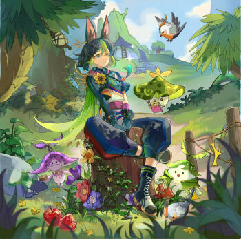 1boy absurdres animal_ear_fluff animal_ears apple aranara_(genshin_impact) bird black_boots black_hair blue_flower blue_pants blue_sky boots chinese_commentary closed_mouth cloud commentary_request day flower food forest fox_boy fox_ears fruit full_body genshin_impact grass green_eyes green_hair hair_between_eyes highres house leaf male_focus multicolored_hair nature on_tree_stump outdoors pants plant red_flower rock short_hair sitting sky smile sparkle streaked_hair suisuiing tighnari_(genshin_impact) tree tree_stump