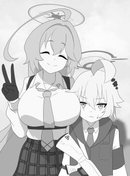 2girls annoyed black_gloves blue_archive breast_envy breast_press camera closed_eyes collared_shirt comic gloves gun hair_between_eyes halo hand_on_another&#039;s_head height_difference highres hoshino_(blue_archive) long_hair monochrome multiple_girls necktie school_uniform shirt short_hair shotgun size_difference smile su_gyoza sweatdrop taking_picture v vest weapon white_background yume_(blue_archive)