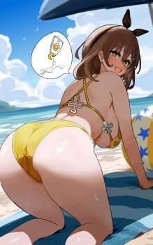 1girl absurdres all_fours amadeuslight ass ass_focus atelier_(series) atelier_ryza back bare_shoulders beach beach_towel bikini bird black_bow blush bow breasts brown_eyes brown_hair cloud cloudy_sky hair_between_eyes hair_bow hair_ornament hairclip highres large_breasts looking_back lotion ocean on_towel open_mouth reisalin_stout seagull shade short_hair sideboob sky smile solo speech_bubble sunscreen swimsuit thick_thighs thighs towel yellow_bikini