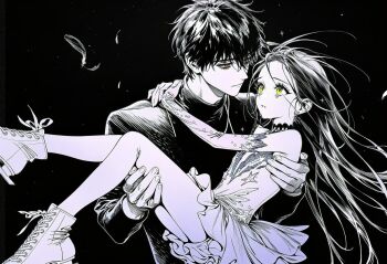 1boy 1girl black_coat black_dress black_hair black_shirt child coat dress figure_skating figure_skating_dress gold_medal hashtag-only_commentary kamisaki_hikaru male_focus medalist_(manga) shirt whitia100 windbreaker yellow_eyes yodaka_jun