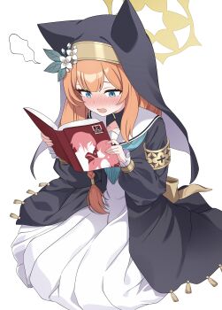 1girl absurdres armlet black_coat black_veil blue_archive blue_eyes blue_neckerchief blush book braid cat_girl coat commentary dress ears_under_headwear embarrassed flower gold_armlet hair_flower hair_ornament halo highres hiroikara_(smhong04) holding holding_book jewelry mari_(blue_archive) neckerchief nose_blush nun open_mouth orange_hair pornography reading revision sailor_collar single_braid sitting solo veil white_dress white_sailor_collar