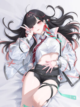 1girl ahoge bed_sheet belt black_choker black_hair black_shorts breast_pocket buttons choker collared_shirt crop_top crop_top_overhang dress_shirt eyeshadow gloves hair_spread_out half_gloves hand_on_own_stomach hashtag-only_commentary highres indie_virtual_youtuber jacket knee_up long_hair looking_at_viewer lying makeup midriff multicolored_hair myomomoo necktie on_back open_clothes open_jacket pocket red_eyes red_necktie see-through_clothes see-through_jacket shirt short_shorts shorts side_slit solo stomach streaked_hair striped_necktie thighs two-tone_gloves v virtual_youtuber white_jacket white_shirt