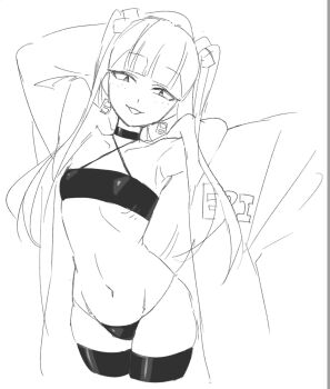 1girl arm_behind_head armpit_peek black_choker blunt_bangs character_name choker crop_top cropped_legs cube_hair_ornament earrings eri_(synthesizer_v) flat_chest freckles hair_ornament highres hood hooded_jacket jacket jewelry long_hair looking_at_viewer lycorisanguine navel open_clothes open_jacket open_mouth panties ribbon ribs shirt single_thighhigh sketch skindentation skinny smile solo stomach synthesizer_v thighhighs thighs twintails underwear very_long_hair vimalion_pro wide_sleeves