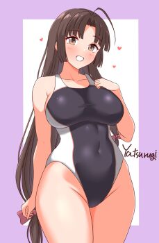 1girl ahoge artist_name black_hair black_one-piece_swimsuit border breasts brown_eyes commentary_request competition_swimsuit covered_navel hand_on_own_chest highleg highleg_one-piece_swimsuit highres kantai_collection large_breasts long_hair looking_at_viewer low-tied_long_hair one-hour_drawing_challenge one-piece_swimsuit purple_border shouhou_(kancolle) solo swimsuit two-tone_swimsuit white_background yatsurugi