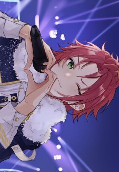1boy bangs_pinned_back closed_eyes commentary_request ensemble_stars! fur_trim green_eyes hands_up heart heart_hands highres holding holding_microphone isara_mao long_sleeves looking_at_viewer male_focus microphone one_eye_closed purple_hair rii_(rii_t93) short_hair sideways smile solo upper_body
