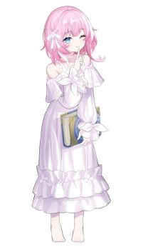 1girl ;) alternate_costume bare_shoulders barefoot blue_eyes book cyrene_(aedes_elysiae)_(honkai:_star_rail) cyrene_(honkai:_star_rail) feet finger_to_mouth full_body hashtag-only_commentary highres holding holding_book honkai:_star_rail honkai_(series) kiki-yu looking_at_viewer nightgown one_eye_closed pink_hair short_hair shushing simple_background smile solo toes white_background white_nightgown