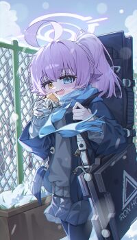 1girl absurdres ahoge aqua_scarf black_pantyhose black_skirt blue_archive blush capry chain-link_fence commentary fang fence food grey_sweater halo heterochromia highres hoshino_(blue_archive) hoshino_(second_year)_(blue_archive) long_hair looking_at_viewer official_alternate_costume outdoors pantyhose pink_hair pleated_skirt ponytail scarf skirt smile snow solo steam sweater sweet_potato