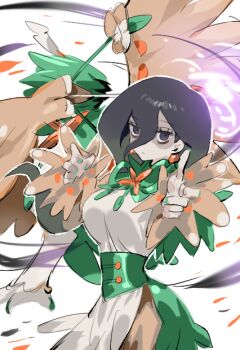 1girl aiming alternate_costume bags_under_eyes black_eyes black_hair cosplay decidueye decidueye_(cosplay) earrings gen_7_pokemon hex_maniac_(pokemon) hex_maniac_(pokemon_legends:_z-a) jewelry nintendo pearl_earrings pokemon pokemon_(creature) pokemon_legends:_z-a raine_(acke2445) white_background