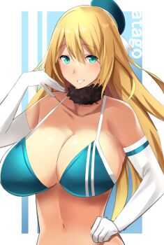 1girl alternate_costume atago_(kancolle) beret bikini blonde_hair blush gloves hat kantai_collection long_hair navel okki_(studio_okki) simple_background solo swimsuit white_background white_gloves