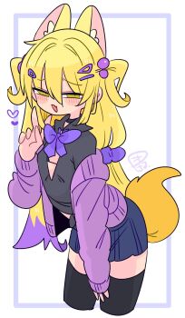 1boy :3 animal_ear_fluff animal_ears arched_back beads black_bra black_choker black_shirt black_thighhighs blonde_hair blue_skirt blush bow bowtie bra cardigan choker cleavage_cutout clothing_cutout collared_shirt colored_tips commentary_request cowboy_shot cropped_shirt crossdressing crossdressing_(mtf) extra_ears fang fox_boy fox_ears fox_tail hair_beads hair_between_eyes hair_intakes hair_ornament hairclip hand_up heart highres kapela_(op_na_yarou) leaning_forward long_hair long_sleeves looking_at_viewer male_focus midriff_peek miniskirt multicolored_hair narrowed_eyes no_nose off_shoulder op_na_yarou open_cardigan open_clothes open_mouth original pleated_skirt purple_bow purple_bowtie purple_cardigan purple_hair purple_scrunchie raised_inner_eyebrows scrunchie shirt sidelocks simple_background skin_fang skirt sleeves_past_wrists solo standing tail thighhighs thighs trap two-tone_hair two_side_up underwear v very_long_hair watermark white_background yellow_eyes