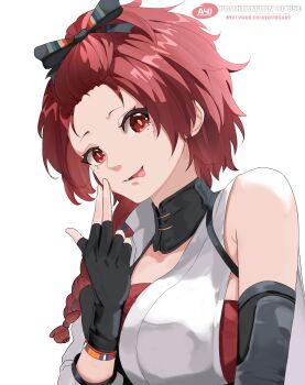 1girl absurdres artist_logo ayj_(ayoungart) bangs_pinned_back black_bow black_gloves bow breasts chixia_(wuthering_waves) commentary commission finger_gun fingerless_gloves gloves hair_bow highres logo looking_at_viewer medium_breasts multicolored_hair parted_lips red_eyes red_hair short_hair simple_background single_bare_shoulder skeb_commission smile solo streaked_hair tongue tongue_out upper_body watermark white_background wuthering_waves
