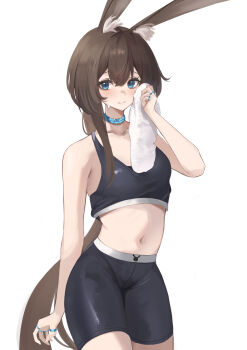 Rule 34 | 1girl, absurdres, alternate costume, amiya (arknights), animal ear fluff, animal ears, animal print, arknights, bike shorts, black bra, black shorts, blue eyes, bra, breasts, brown eyes, choker, closed mouth, collarbone, cowboy shot, hair between eyes, hand up, heart, heart-shaped pupils, highres, holding, holding towel, infection monitor (arknights), jewelry, long hair, looking at viewer, multiple rings, navel, rabbit ears, rabbit print, remapack77, ring, shorts, simple background, small breasts, solo, stomach, sweatdrop, symbol-shaped pupils, towel, underwear, very long hair, white background, wiping face