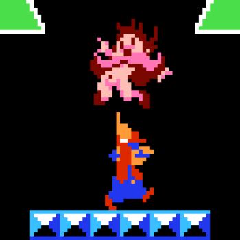 Rule 34 | 1boy, 1girl, big nose, black background, blue eyes, blue facial hair, blue hair, blue mustache, blue overalls, blush, brown eyes, brown hair, denim, denim overalls, donkey kong (series), dress, facial hair, falling, hat, index finger raised, limited palette, long hair, long sleeves, mario, mario (series), mustache, navel, nintendo, no panties, open mouth, overalls, pauline (mario), pinball (nes), pink dress, pixel art, red hat, red shirt, red shoes, saiwai hiroshi, shirt, shoes, short hair, simple background, standing, surprised, throwing, throwing person, walking, wind, wind lift