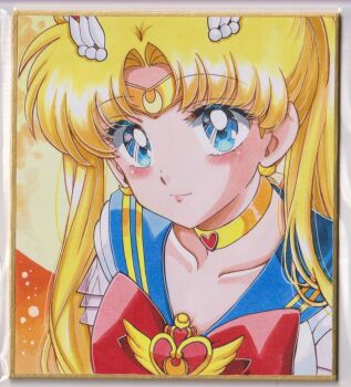 1girl bishoujo_senshi_sailor_moon bishoujo_senshi_sailor_moon_supers blonde_hair blue_eyes blue_sailor_collar blush bow bowtie brooch chikoto_(kztc4472) choker closed_mouth collarbone commentary crescent crescent_earrings double_bun earrings hair_bun hair_ornament heart heart_brooch highres jewelry long_hair looking_at_viewer magical_girl parted_bangs red_bow red_bowtie sailor_collar sailor_moon sailor_senshi_uniform shirt short_sleeves smile solo super_sailor_moon traditional_media tsukino_usagi twintails upper_body white_shirt wing_hair_ornament yellow_choker