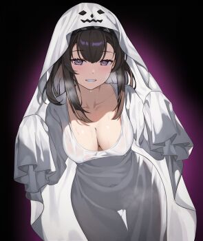 1girl admiralkeyes arknights black_background black_hair black_hairband blush breasts cleavage cloak collarbone commentary covered_navel cowboy_shot ghost_costume hair_between_eyes hairband halloween halloween_costume highres hood hood_up hooded_cloak huge_breasts long_hair long_sleeves looking_at_viewer naked_robe no_bra priestess_(arknights) purple_background purple_eyes pussy_juice pussy_juice_trail robe see-through_robe simple_background sleeves_past_wrists smile solo standing teeth wet wet_clothes white_cloak white_robe