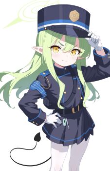 >:) 1girl absurdres armband backpack bag belt black_bag black_belt black_hat black_jacket black_skirt blue_archive blue_armband buttons c-r-carlos charm_(object) chinese_commentary closed_mouth demon_tail dot_nose double-breasted earrings feet_out_of_frame floating_hair gloves green_hair green_halo hair_between_eyes halo hand_on_headwear hand_on_own_hip hand_up hat highres hikari_(blue_archive) jacket jewelry kepi long_hair long_pointy_ears long_sidelocks long_sleeves looking_at_viewer military_hat military_uniform pantyhose peaked_cap pleated_skirt pointy_ears revision shadow sidelocks simple_background skirt sleeve_cuffs smile solo standing tail thick_eyebrows v-shaped_eyebrows white_background white_gloves white_pantyhose yellow_eyes