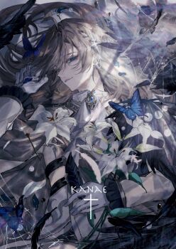 Rule 34 | 1boy, ascot, belt, black belt, black feathers, black wings, blue butterfly, blue eyes, blue gem, blue petals, brooch, brown hair, bug, butterfly, cape, character name, collared shirt, commentary request, corsage, cross, ear chain, facing to the side, feathered wings, feathers, flower, frilled sleeves, frills, gem, glint, gloves, grey cape, hair between eyes, hair ornament, hand on own stomach, hand up, highres, holding, holding feather, holding flower, holding petal, insect, insect pin, jacket, jewelry, kanae (16th costume) (nijisanji), kanae (nijisanji), latin cross, leaf hair ornament, lily (flower), linked piercing, long hair, long sleeves, looking at viewer, lying, male focus, mole, mole under eye, multiple wings, nijisanji, official alternate costume, omj u, on back, parted lips, pearl (gemstone), petals, piercing, pinned, shirt, sideways glance, silk, smile, solo, spider web, virtual youtuber, white ascot, white flower, white gloves, white jacket, white lily, white shirt, window shadow, wings