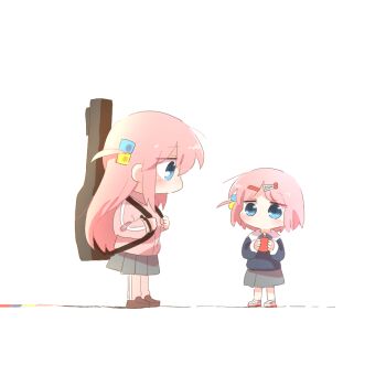 Rule 34 | 2girls, blue eyes, blue sweater, bocchi the rock!, brown shoes, chibi, chibi only, commentary request, cube hair ornament, full body, gotoh futari, gotoh hitori, grey skirt, guitar case, hair ornament, hairclip, instrument case, jacket, long hair, long sleeves, multiple girls, one side up, pants, pants under skirt, pink hair, pink jacket, pink pants, pleated skirt, rebecca (keinelove), shoes, short hair, siblings, simple background, sisters, skirt, standing, sweater, track jacket, white background, white shoes
