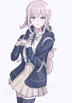 Rule 34 | 1girl, alternate hairstyle, blush, braid, breasts, brown hair, brown skirt, collared shirt, commentary request, danganronpa (series), danganronpa 2: goodbye despair, dontsu (illu5i0ns), flipped hair, hair ornament, highres, hood, jacket, long sleeves, looking at viewer, medium hair, nanami chiaki, neck ribbon, open clothes, open jacket, pink eyes, pink ribbon, pleated skirt, ribbon, shirt, skirt, solo, thighhighs, twin braids, two-tone shirt, white shirt