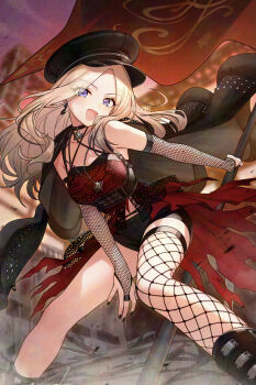 1girl fishnet_thighhighs fishnets flag gakuen_idolmaster hat idolmaster iro_178 juo_sena purple_eyes single_thighhigh thighhighs