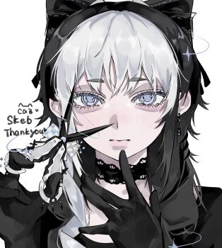 1girl \||/ aegyo_sal animal_ears black_choker black_gloves black_hair caru_c1 choker closed_mouth commentary commission earrings gloves grey_eyes hair_between_eyes highres holding holding_scissors jewelry long_hair multicolored_hair original portrait scissors short_eyebrows simple_background skeb_commission solo straight-on symbol-only_commentary two-tone_hair white_background white_hair