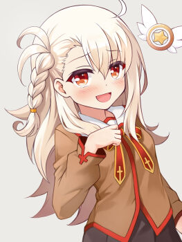 1girl :d alternate_hairstyle black_skirt blush braid brown_jacket dress fate/kaleid_liner_prisma_illya fate_(series) grey_background highres homurabara_academy_school_uniform illyasviel_von_einzbern jacket long_hair long_sleeves looking_at_viewer magical_ruby miniskirt mochi_(k620803n) open_mouth paid_reward_available red_dress school_uniform simple_background skirt smile solo