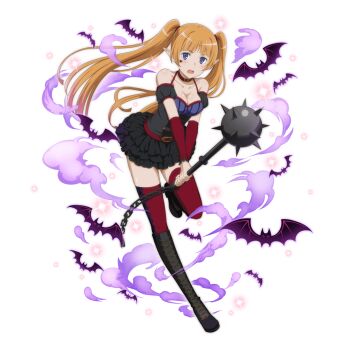 Rule 34 | 1girl, anime coloring, bare shoulders, belt, belt collar, black boots, black dress, blue eyes, blunt bangs, boots, breasts, cheek tattoo, cleavage, collar, danmachi memoria freese, detached sleeves, dress, dungeon ni deai wo motomeru no wa machigatteiru darou ka, elf, frilled dress, frills, full body, game cg, halloween costume, halter dress, halterneck, heart, heart tattoo, holding, holding mace, holding weapon, lefiya viridis, long hair, looking at viewer, mace, medium breasts, official alternate costume, official alternate hairstyle, official art, open mouth, orange hair, pointy ears, puffy detached sleeves, puffy sleeves, red belt, red collar, red thighhighs, short dress, solo, spiked mace, spikes, standing, standing on one leg, tattoo, thighhighs, third-party source, twintails, weapon