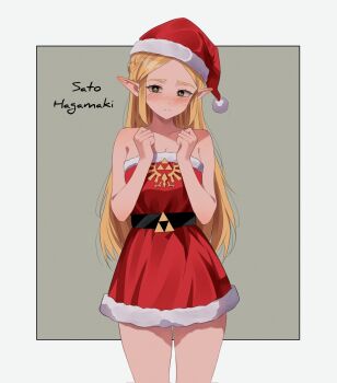 Rule 34 | 1girl, artist name, bare shoulders, belt, black belt, blonde hair, blue eyes, blush, border, clenched hands, commentary, cowboy shot, dress, english commentary, fur-trimmed dress, fur-trimmed headwear, fur trim, grey background, hat, highres, long hair, looking at viewer, nintendo, parted bangs, pointy ears, princess zelda, red dress, red hat, santa costume, santa dress, santa hat, sato hagamaki, sidelocks, sleeveless, sleeveless dress, solo, the legend of zelda, triforce, white border