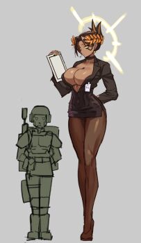 1boy 1girl armor breasts brown_hair choker commentary dark-skinned_female dark_skin emperor_of_mankind english_commentary genderswap genderswap_(mtf) head_wreath helmet highres holding holding_weapon large_breasts laurel_crown long_hair pantyhose podobrick tall_female toned toned_female very_long_hair warhammer_40k weapon