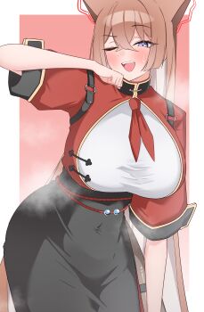 1girl absurdres animal_ears black_skirt blue_archive blush breasts brown_hair colored_inner_hair commentary_request covered_groin covered_navel fox_ears hair_between_eyes halo highres large_breasts looking_at_viewer multicolored_hair neckerchief one_eye_closed open_mouth purple_eyes red_halo red_neckerchief red_shirt rumi_(blue_archive) shirt short_sleeves skirt smile solo suga_kiiha sweat white_hair white_shirt